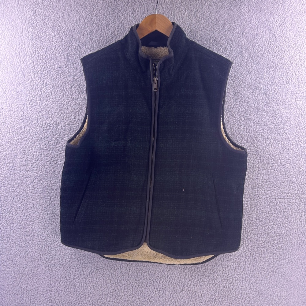 Vintage LL Bean Mens Large Wool Blend Sherpa Lined Tartan Plaid Vest Green Black